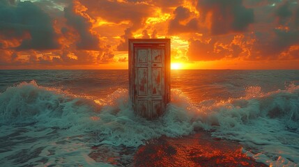 Single door frame in the middle of the ocean made with Ai generative technology - obrazy, fototapety, plakaty