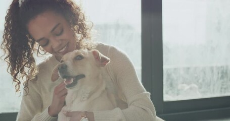 Smile, woman and dog playing at shelter for animal adoption, attention and care. Puppy, excited girl and love at pet center with empathy, choice and decision to adopt at charity with loyalty or trust