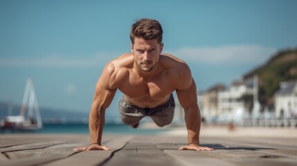 Athletic young man doing push ups on a wooden pier Generative AI