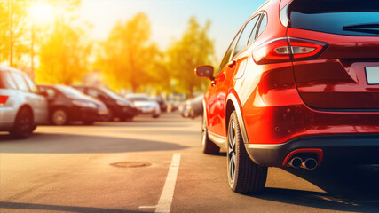 Fototapeta premium car is parked, rear view, sun rays
