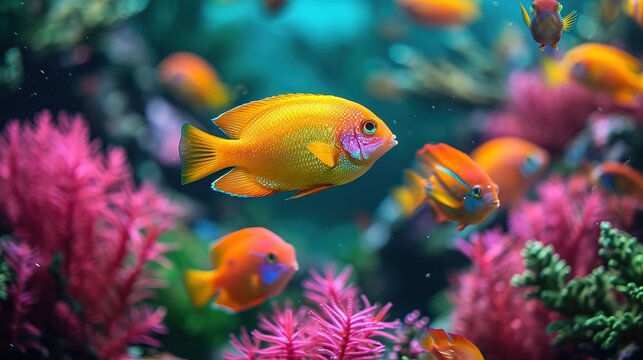 Colorful tropical mesmerizing fish in aquarium. AI generated image