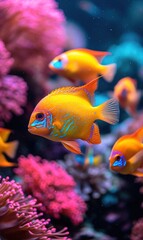 Close-up photos of vIbrant tropical mesmerizing fishes in aquarium. AI generated image