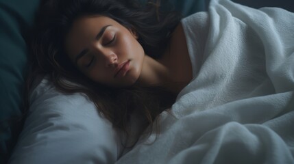 Young beautiful woman sleeping in bed at home. Toned image. Generative AI