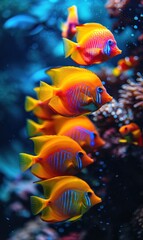 Obraz na płótnie Canvas Close-up photos of vIbrant tropical mesmerizing fishes in aquarium. AI generated image