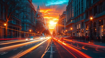 Fast city life with blurred motion highway, Modern City sunset - obrazy, fototapety, plakaty