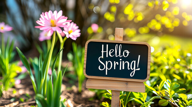 Rustic spring welcome sign with text "Hello Spring" on natural blurred, defocused background with spring flowers. Natural spring greeting display