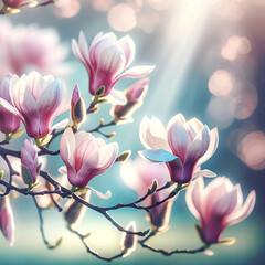 Springtime dreamy background with Magnolias bloom. Soft pink magnolia blooms, bokeh blurred background. Translucent petals, magnolia flowers