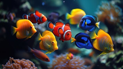 Naklejka na ściany i meble VIbrant tropical mesmerizing fish in aquarium. AI generated image