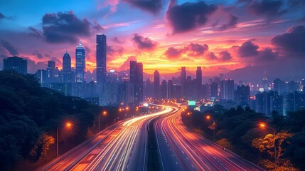 Fototapeta premium Fast city life with blurred motion highway, Modern City sunset