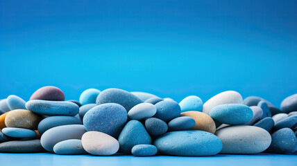 Smooth oval colored stones on a blue background. Generative AI