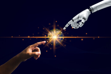 Human and robot hands pointing at the globe future technology concept