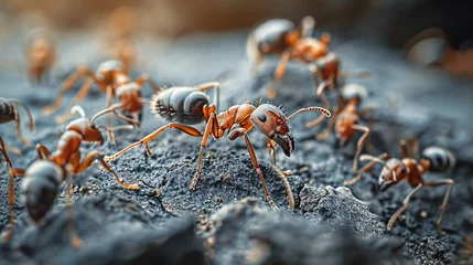Foto op Plexiglas A group of ants on a textured surface. © ikkilostd