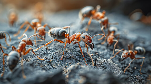 A group of ants on a textured surface.