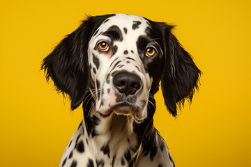 Spotted Dalmatian Portrait on Yellow Background. Closeup animal photography style. Design for frame, poster, wallpaper, print, banner, greeting card. Front view