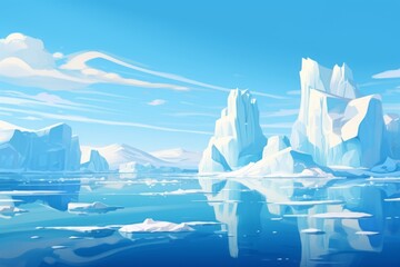 Fototapeta na wymiar antarctic, blue iceberg floating in the ocean. blocks of ice in the water. cold winter landscape, banner. simplistic cartoon style.