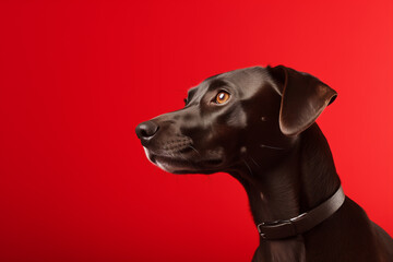 Black dog portrait on red background. Closeup animal photography style. Design for frame, poster,...