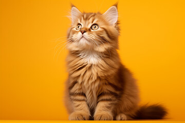 Fluffy kitten portrait on Yellow Background. Closeup animal photography style. Design for frame, poster, wallpaper, print, banner, greeting card. Front view