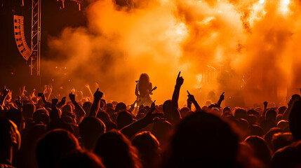 Fototapeta na wymiar A sea of fans making the sign of the horns at a live concert with dramatic fire effects on stage