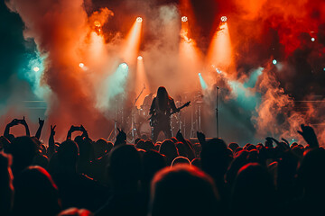 Energetic crowd at a rock concert with silhouettes against intense stage flames and vibrant light show.
