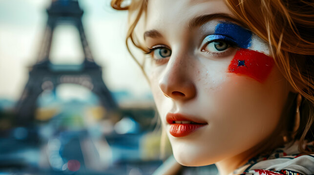 A young woman with french flag face paint, Eiffel Tower blurred in the background.