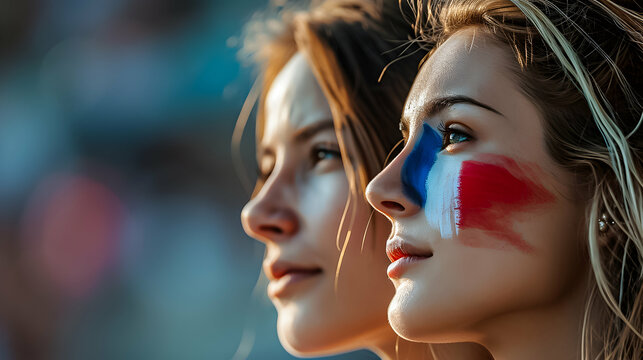 Sports enthusiasts wearing team colors of french flag on their faces with pride, watching the sports game intently.