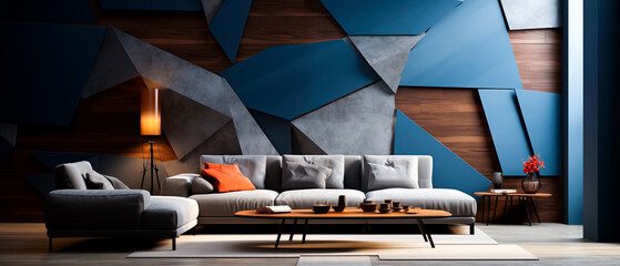 Modern living room design with abstract geometric elements. The original design of the walls. - obrazy, fototapety, plakaty