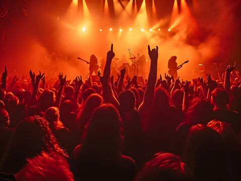 High-energy music concert with audience members making the rock and roll sign, immersed in a vibrant, illuminated atmosphere.
