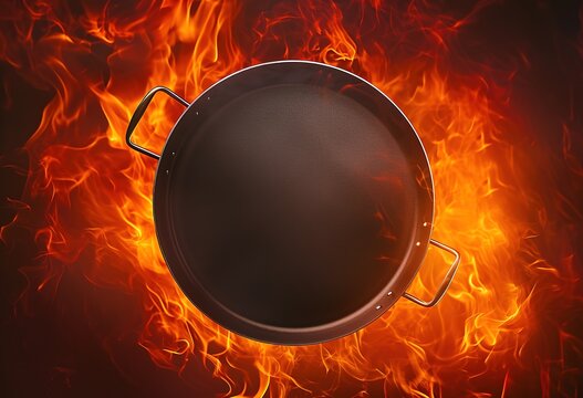 Fiery culinary passion: a black frying pan engulfed in flames, illustrating the heat of the kitchen art