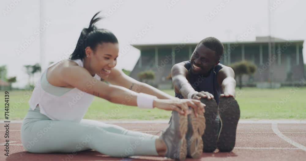 Wall mural People, stretching and fitness in running, exercise or getting for sports marathon on outdoor stadium track. Man, woman or athletic friends in warm up or leg stretch for preparation, race or sprint