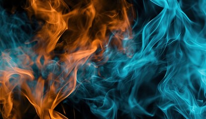 Dance of the Elements: A vibrant display of fiery orange and cool blue flames, illustrating the eternal struggle and harmony between fire and water - obrazy, fototapety, plakaty