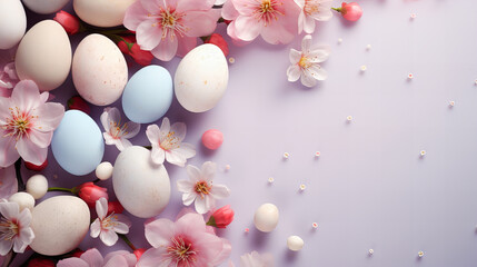 Naklejka na ściany i meble Easter party concept. Top view photo of easter eggs with flowers white pink blue and yellow eggs on isolated pastel background with copy space, banner, greeting card