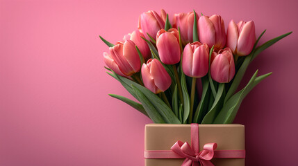 Mother's Day or valentine romantic concept. Top view photo giftbox with ribbon bouquet of tulips on pink background with copy space Ai generated