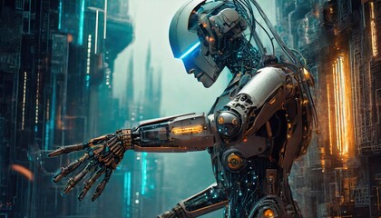 Fototapeta premium artificial intelligence robots work in industry 