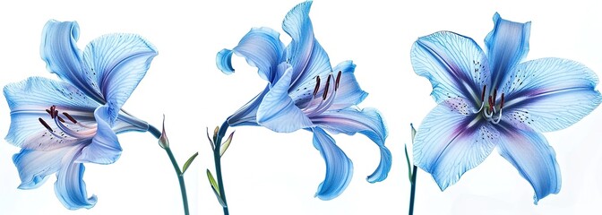 Elegant Blue Lilies is a beautiful image of three blooming flowers isolated on a white background, perfect for wall art or decorative purposes. - obrazy, fototapety, plakaty