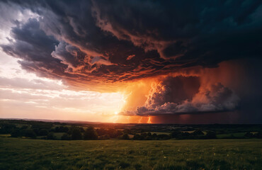 Obraz premium epic landscape with dark huge clouds and orange lightning
