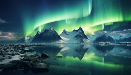 Naklejka premium View of night sky with multicolored aurora borealis and snowy mountains peak background. Night glows in vibrant aurora reflection on the lake with forest. 