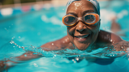 Mature black woman swimming breaststroke in a swimming pool to keep fit, health and wellness in seniors concept