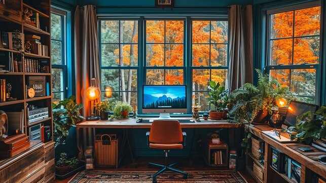 Home office remote work, office setup with computer and nice brigth view 
