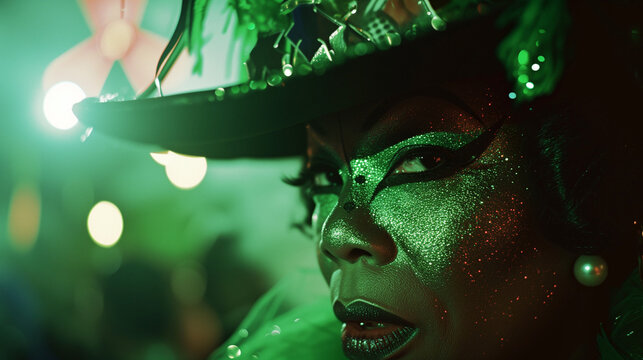 Black african american drag queen green witch at a gay halloween disco, copy space, ai generated