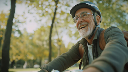 Happy mature senior old man riding his bicycle through a park on a sunny day, happy retirement concept, ai generated
