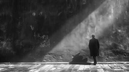 Obraz premium Silhouetted Harmony: Exploring Fine-Art Shadows with Human Silhouette, Striking Light and Dark Contrast in a Moody Monochrome Composition. Negative Space Explored for Subtle Elegance and Artistic Dept
