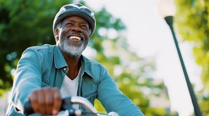 Foto op Canvas Happy mature senior black african american man riding his bicycle through a park on a sunny day, ai generated © Sophie