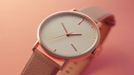 Minimalistic watch with a pink strap on pink background. 3D modeling and visualization of watches