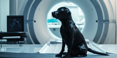 Black Dog Awaiting MRI Scan in Modern Veterinary Clinic. Puppy sits patiently on the examination table of veterinary clinic with MRI equipment in the background.