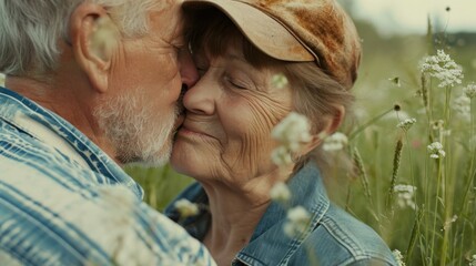 An older couple embraces amidst nature's beauty, showcasing love, affection, trust, security, and...