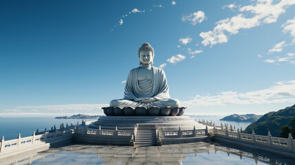 White marble big buddha with blue sky - obrazy, fototapety, plakaty