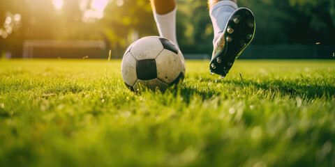 Football Player in Action on a Sunny Day. Close-up of a classic soccer ball on a lush green field with a player's foot in motion, sunlight background, copy space. - Powered by Adobe
