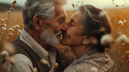 In a serene natural environment, an older couple shares a tender embrace, expressing love,...