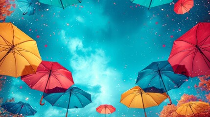 colorful umbrellas floating against a vibrant sky, symbolizing imagination and creativity