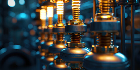 High Voltage Electrical Insulators in a Power Grid. Close-up of electrical insulators with dynamic lighting, showcasing intricate engineering and design in a power grid.